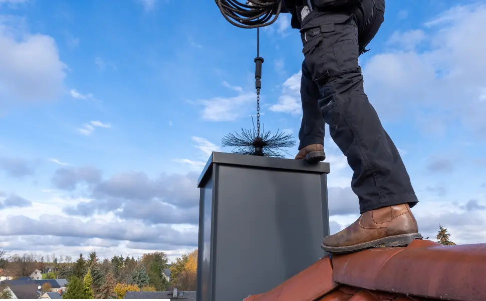 Soot-covered sweep cleaning a chimney PRE-WINTER CHIMNEY CLEANING